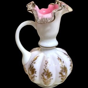 Fenton Tyndale Melon Vase Gold Roses Pink Crest Pitcher Gold Ruffled Edge READ
